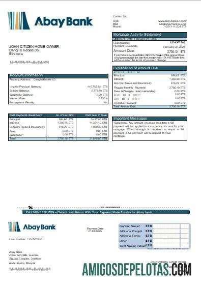 Declaração de hipoteca do Banco Abay da Etiópia Scr amostra